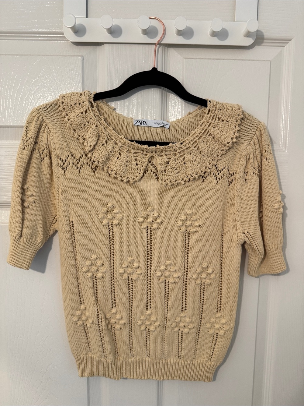 Zara Cream Crochet Collar Short-Sleeve Knit Sweater